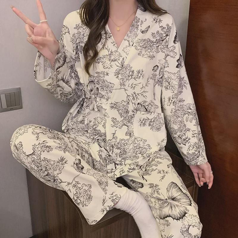 Women's Kimono Pajamas: Spring/Autumn Japanese Style V-Neck Cardigan with Long Sleeves & Trousers, Cute and Sweet for Home Wear