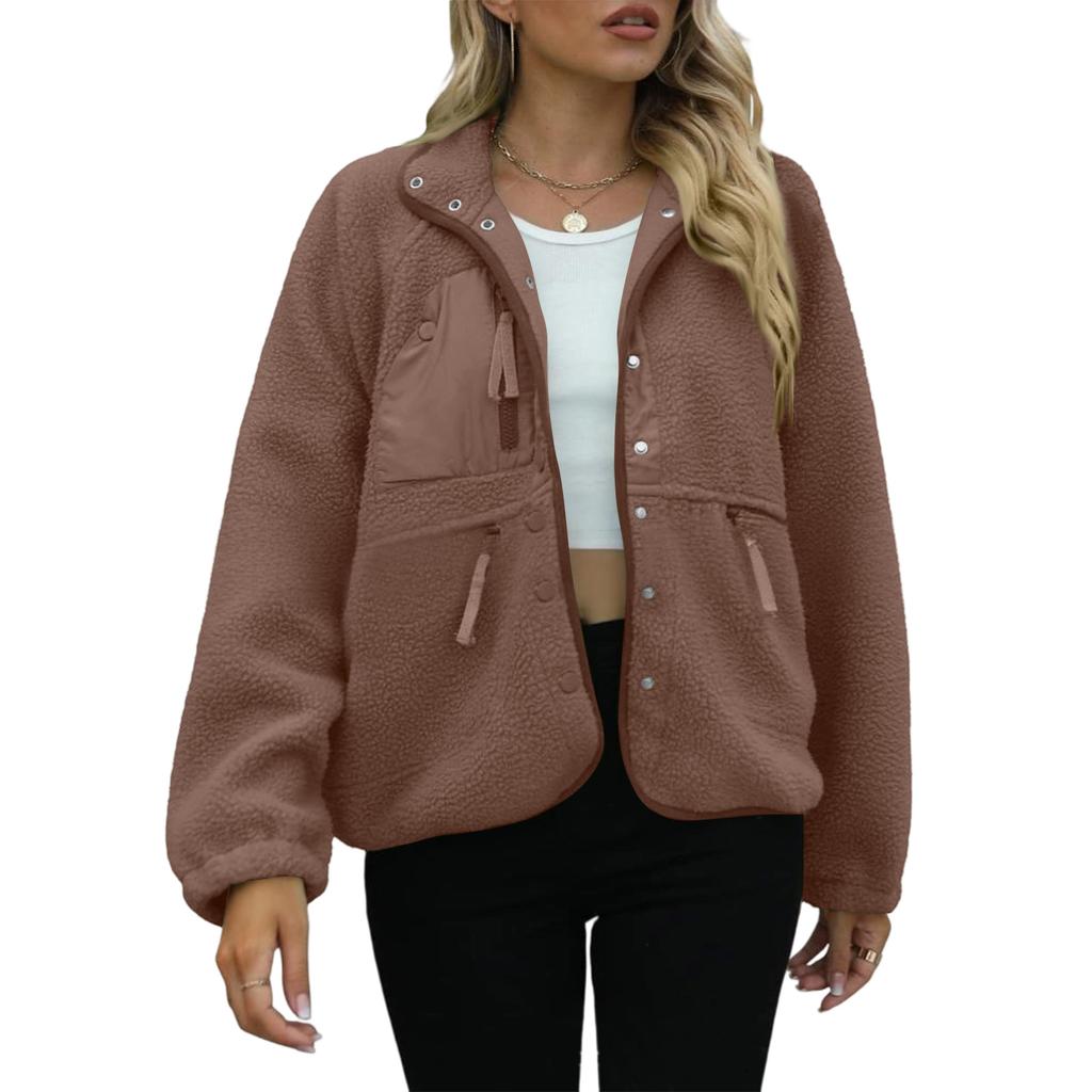 Women's Fashion Casual Stacked Lapel Single Button Fleece Sports Sweatshirt Jacket Outerwear