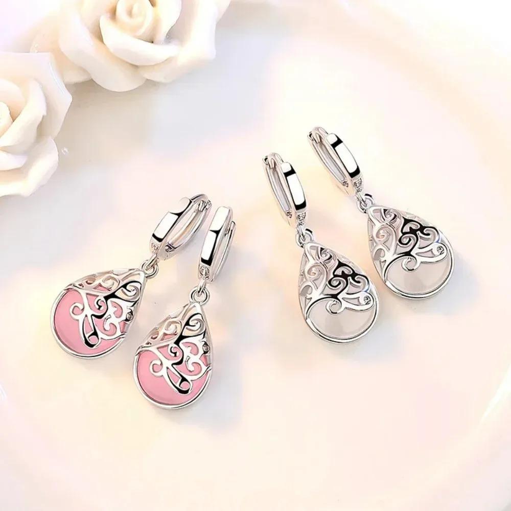 New Trendy Opal Stone Flower Silver Color Ladies Drop Earrings Fashion Jewelry for Women Valentines Day Gifts