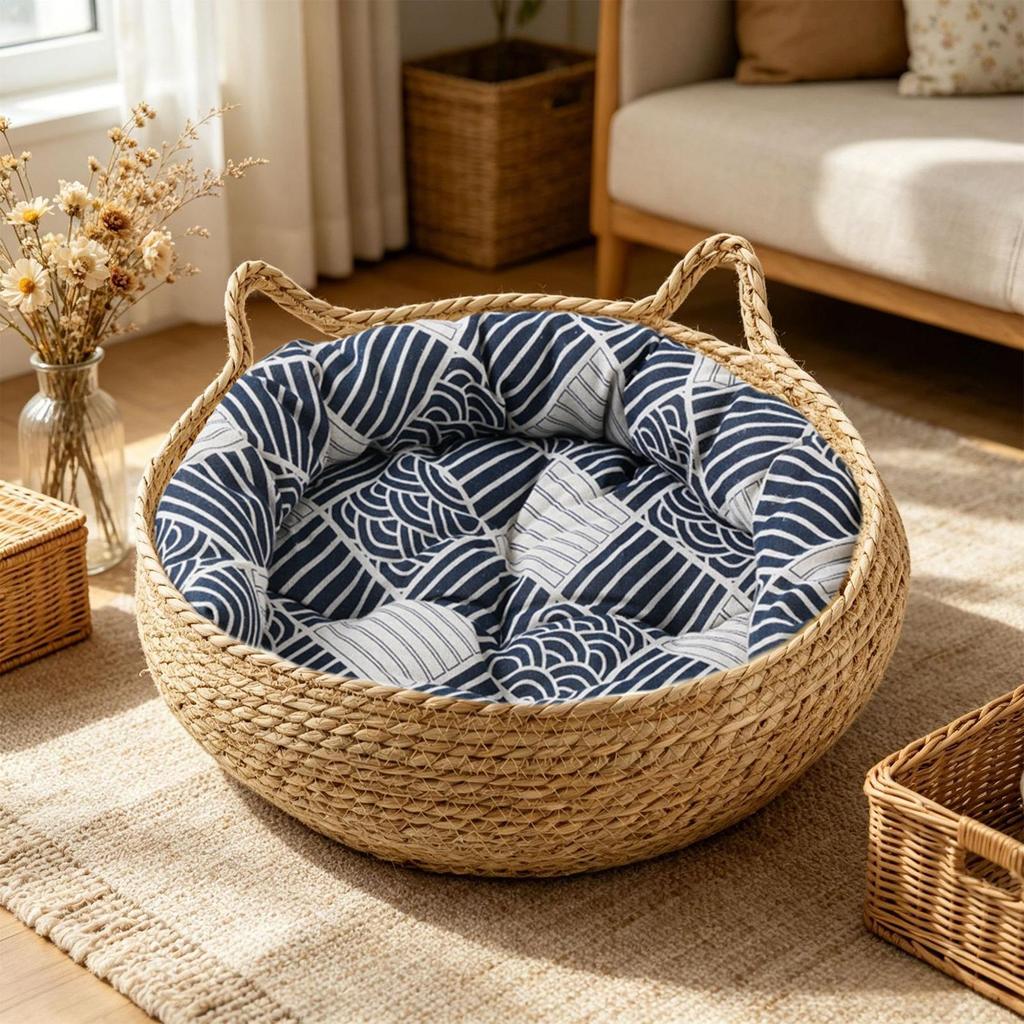 Woven Pet Cat Nest Bed Natural Breathable Portable Washable Nests Cat Ears Shape Pet Bed With Washable Cushion for Sleeping