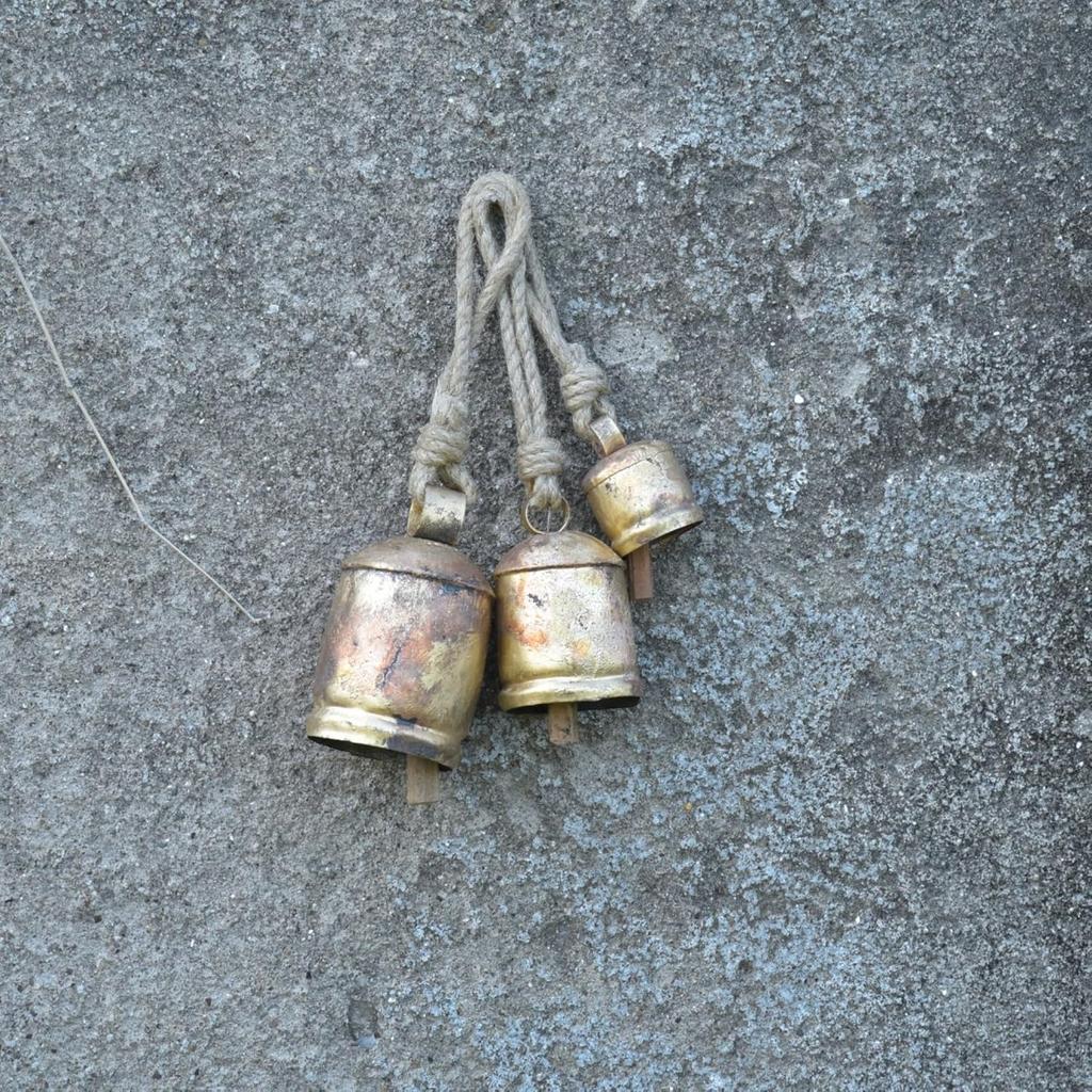 Set of 3 Large Rustic Iron Hanging Bells for Farmhouse Decor Cow Bell 2.5", 4.5", 5.5", Vintage Gold Christmas Ornaments with Jute Rope for Crafts