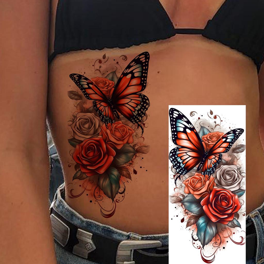 1 Sheet Butterfly Watercolor Flower Tiger Temporary Tattoos For Women Men Adults Fake Phoenix Parrot Lotus Tattoo Sticker Sleeve