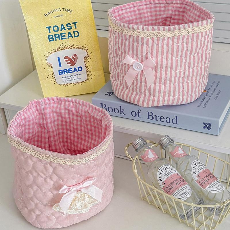 Cute Love Heart Storage Box Quilting Cotton Bow Desktop Storage Basket Large-Capacity Round Storage Frame Home Decoration