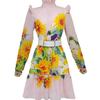 Sunflower Print Lace A-Line Dress with Stand-Up Collar & Long Sleeves
