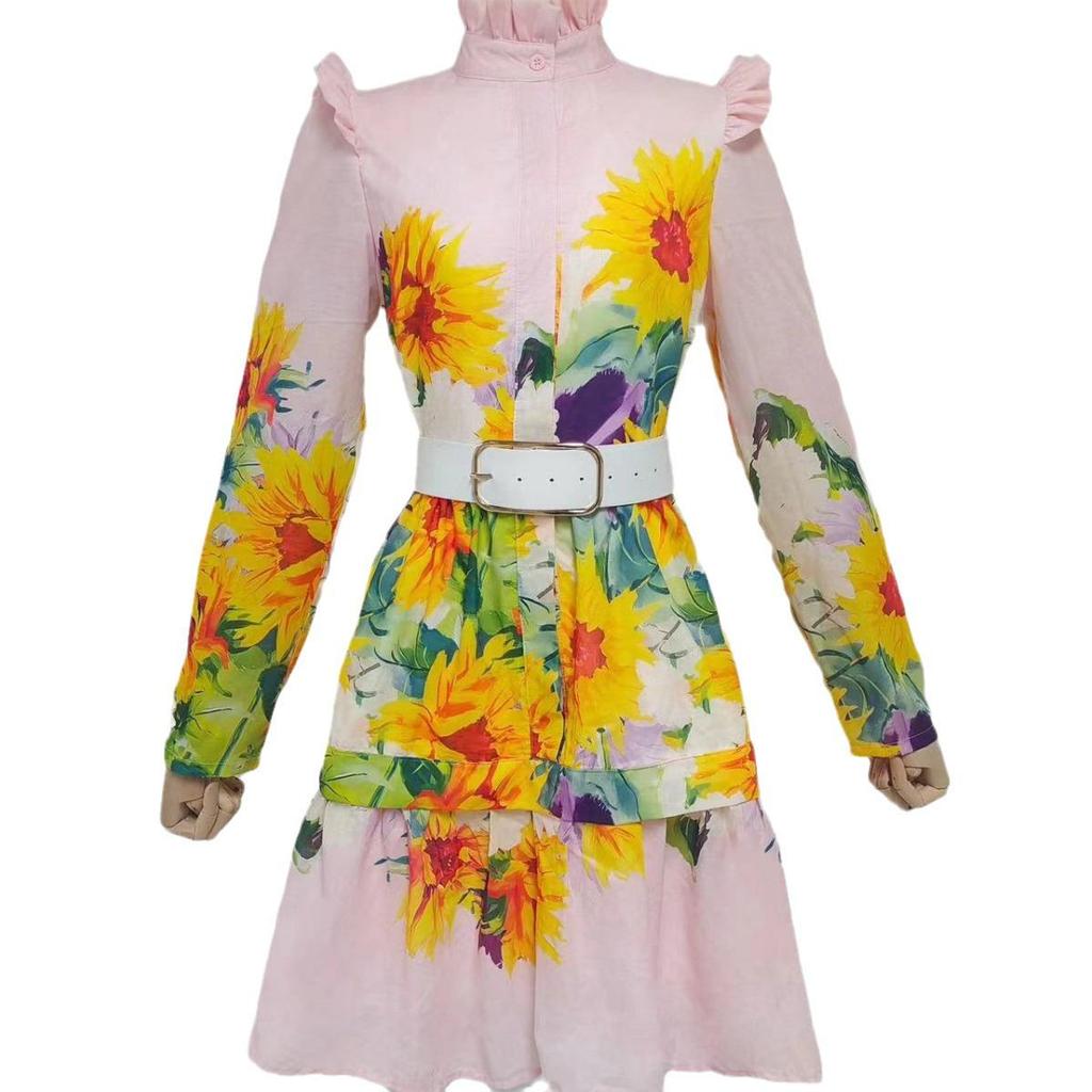 Sunflower Print Lace A-Line Dress with Stand-Up Collar & Long Sleeves