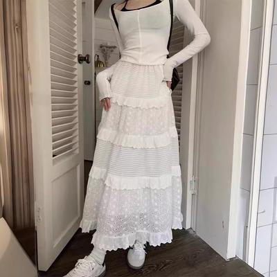 Women's Spring Soft Style Hollowed-Out Crochet Half Skirt High-Waisted A-Line Tiered Cake Skirt Long White Skirt