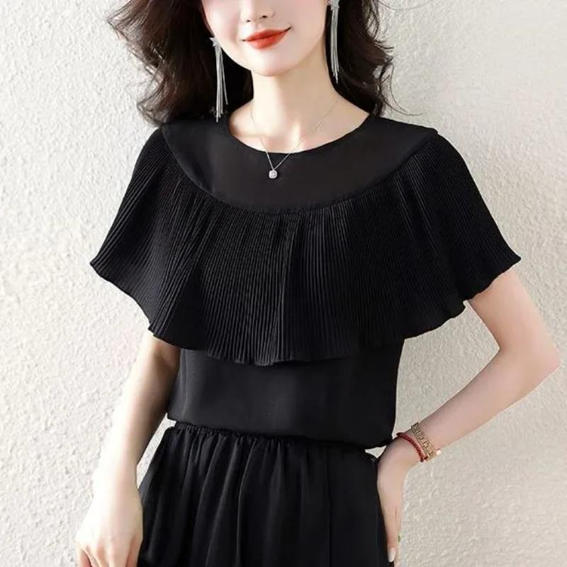 Women s Black Mesh Yoke Pleated Ruffle Cape Sleeve Loose Chiffon Blouse M чёрный