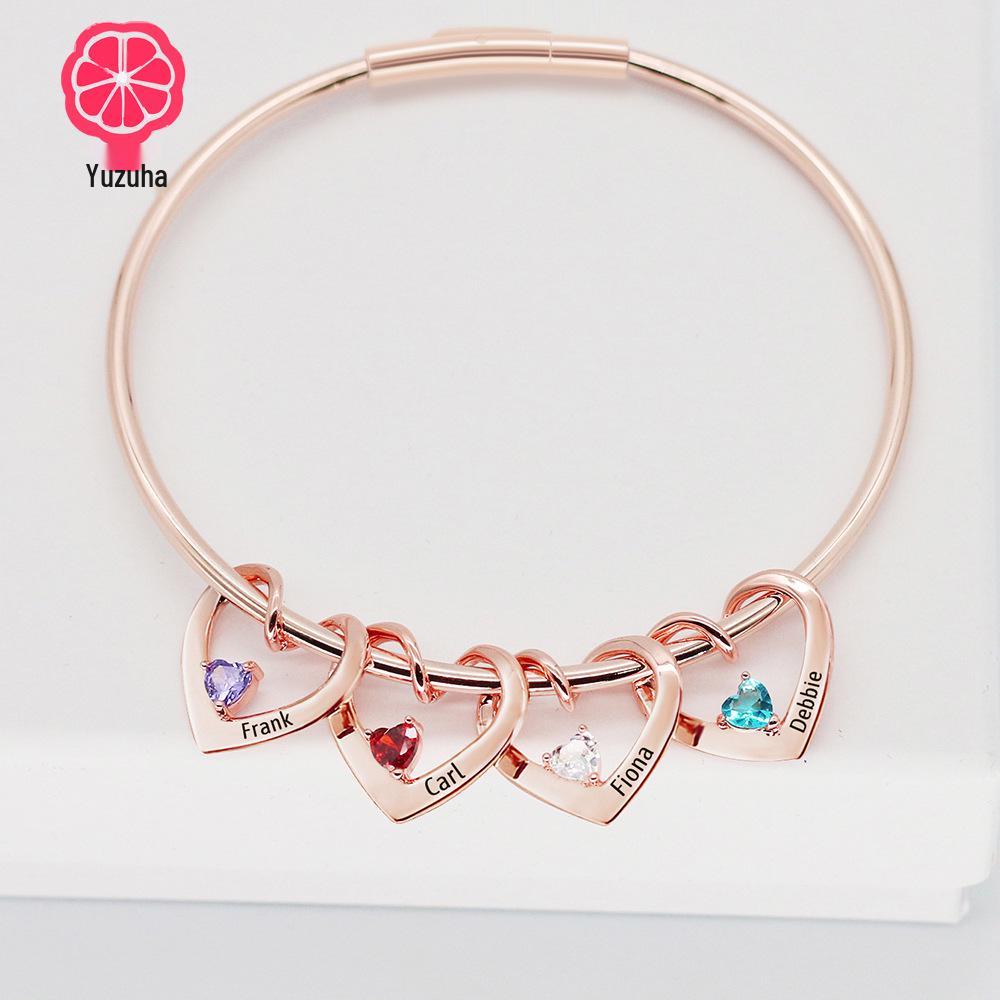 Exclusive 12-Color Birthstone Heart Bracelet with Custom Family Names – Christmas Gift