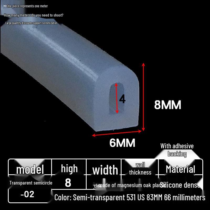 D-shaped High-Temperature Silicone Seal, Semi-Circular Hollow Strip, Self-Adhesive Solid, Odorless Transparent.