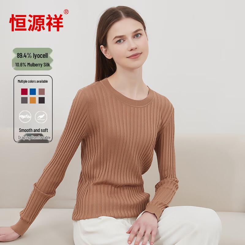 Hengyuanxiang Damen Seidenmischung Zopfmuster Langarm T-Shirt
