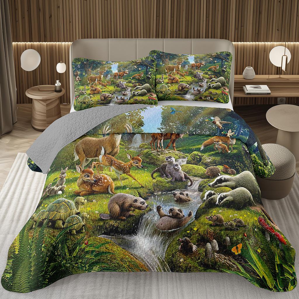 Funny Cartoon Animal Bedspread Queen/Full Kawaii Elephant Panda Coverlet Reversible Grey Quilted Bedding Set For Kids Teen Room