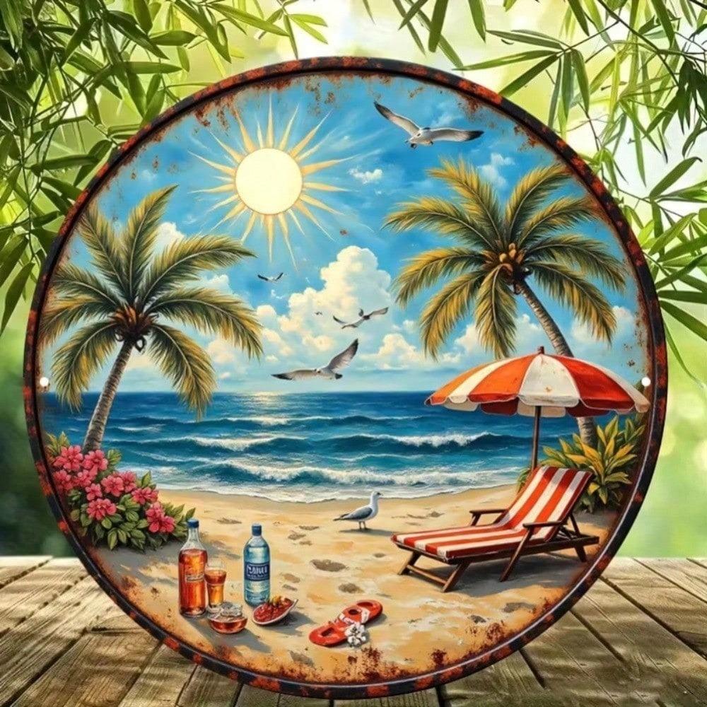 1pc Vintage Tropical Beach Round Aluminum Sign Palm Trees Sunset Ocean Wall Art For Bar Home Kitchen Bathroom