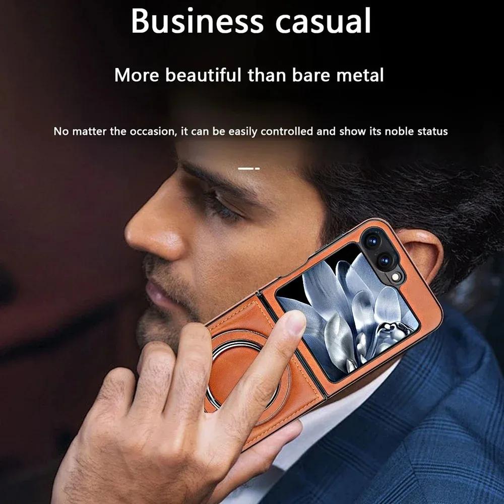 Premium Leather Magnetic Fold Phone Case for Samsung Galaxy Z Flip 7 FE 6 5 4 3 Anti-Drop Fine Metal Ring Bracket Protect Cover