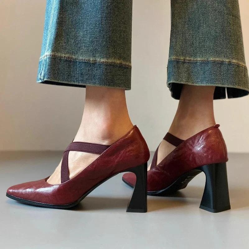 Fashion Elegant Cross-tied Chunky Heel Pumps Women Comfortable Square Toe Shallow Mouth Sandals Fashion Office Shoes Tacones Mujer