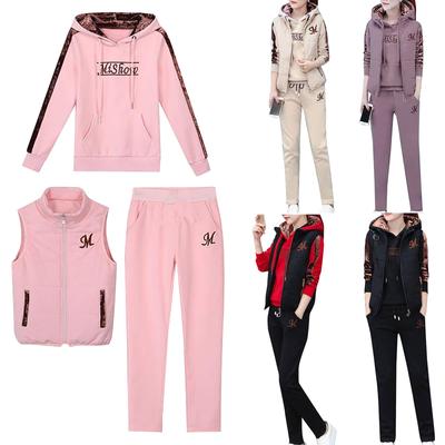 Women Three Piece Tracksuit Set Fleece Lined Hoodie Vest Long Sleeve Pullover Pants Casual Sportswear Outfit for Outdoor Activities