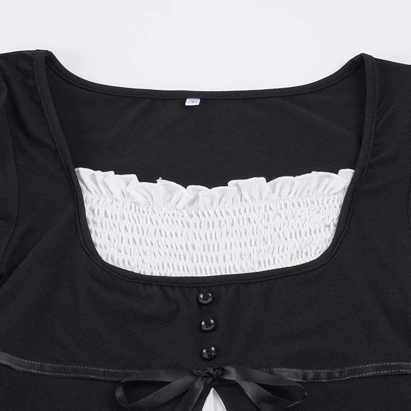 Women Black White Color Block Square Neck Bow Detail Puff Sleeve Slim Fit Casual Blouse