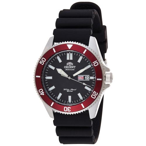 

Orient Kanno Japanese-made automatic/manual winding diver-style watch, black/red, rubber strap.