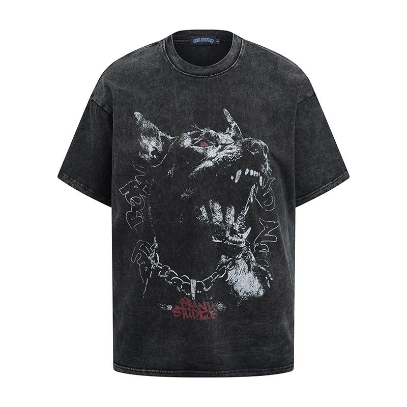 American Street Trend Men'S T-Shirt Hiphop Retro Doberman Print Loose Short-Sleeved Washed T-Shirt Men