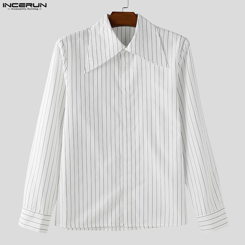 INCERUN Oversized Men Casual Long Sleeve Lapel Striped Print Shirts