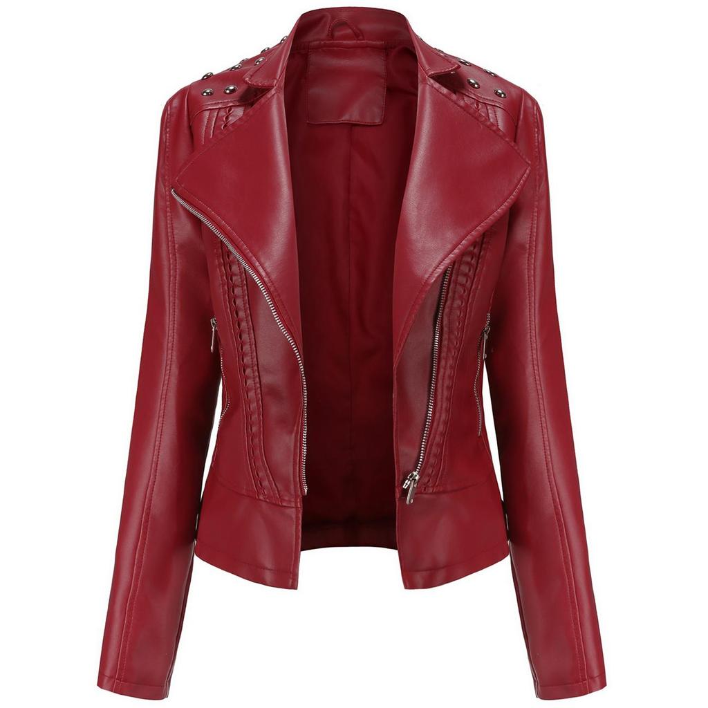 Women Faux Leather Jacket Moto Biker Short Coat PU Motorcycle Racer Lapel Collar Crop Blazer Punk Rock Stylish Outwear with Rivets Fashion Tops Outfit