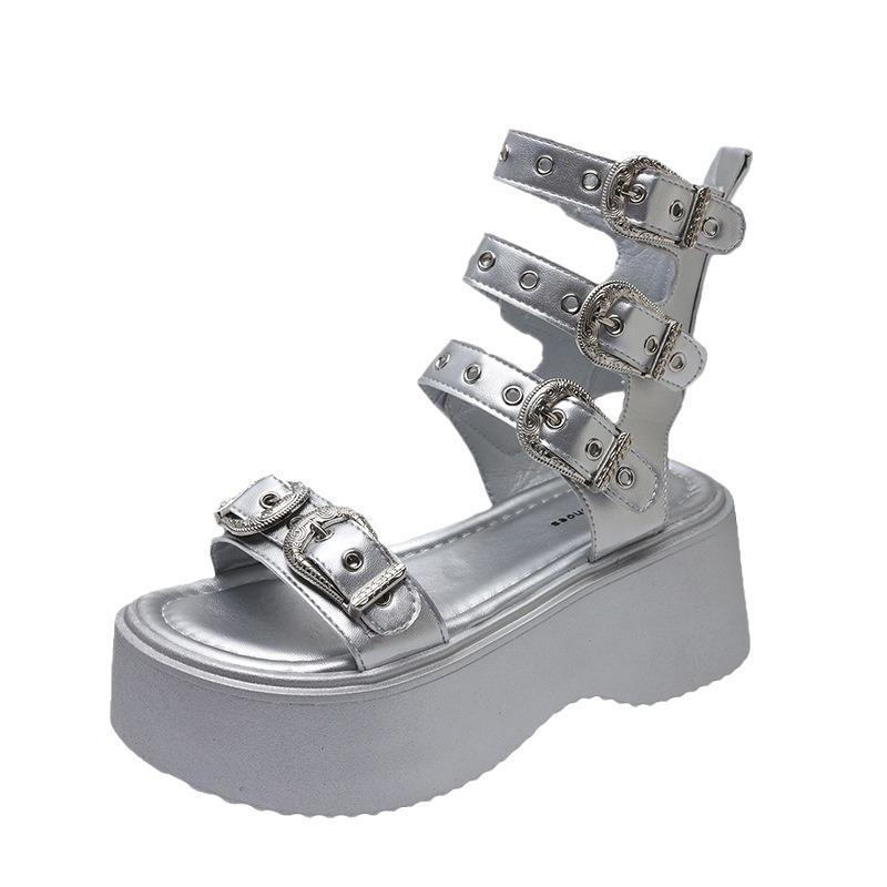 Summer Thick Bottom Belt Buckle Roman Shoes Women's Fashion Metal Decorative Platform High Heels