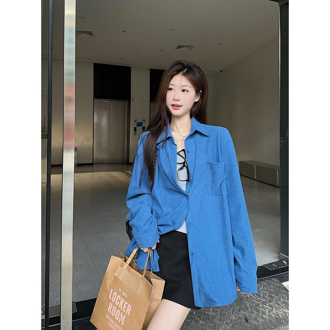 

Новогодняя повседневная рубашка с длинным рукавом для женской весны и осени, новая вельветовая рубашка высокой моды XXL синий