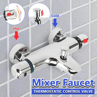 Thermostatic Dual Handle Temperature Control Wall Mount Shower Faucet Kitchen Sink Bath Mixer Tap Home Water Bathroom Control Valve Mounted Ceramic
