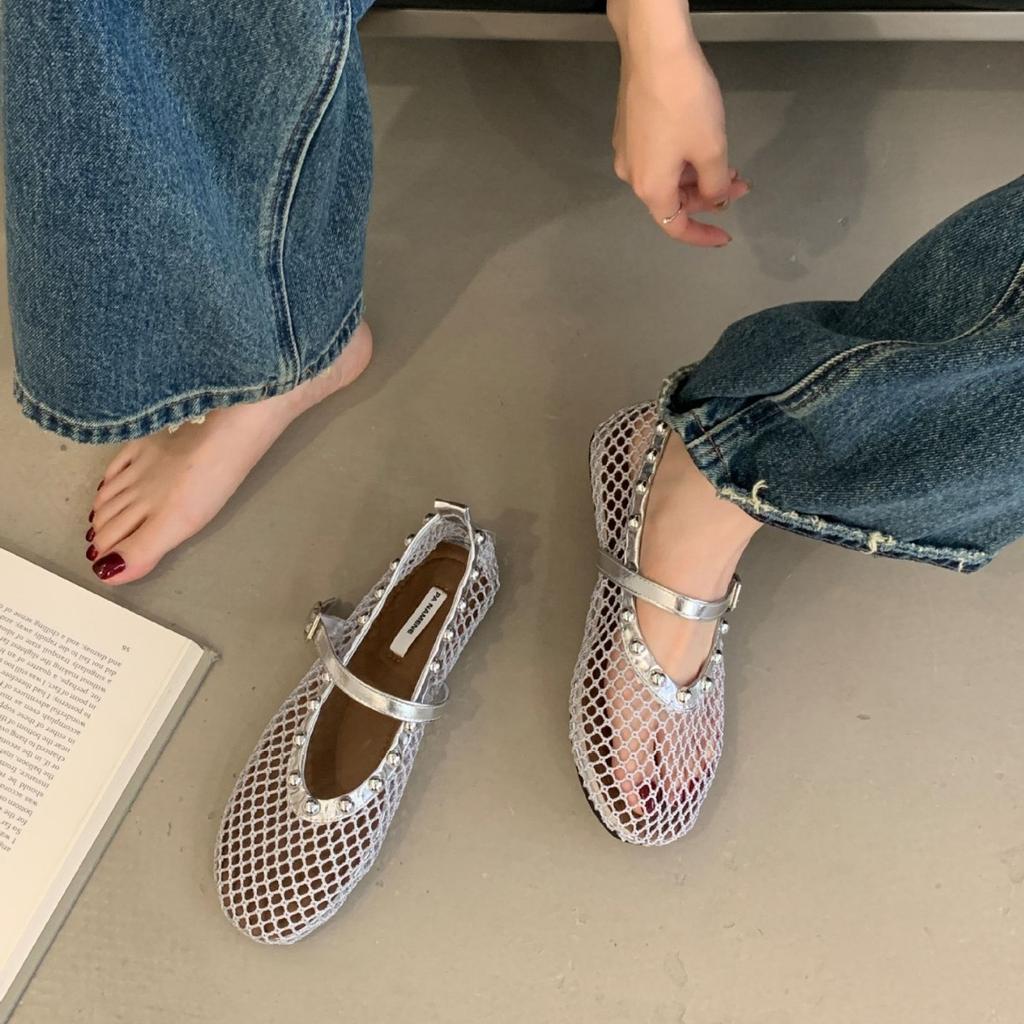 Flache Mesh-Einzelschuhe Damen 2025 neu Sommer atmungsaktiv Fischernetz Ballett Mary Jane Abendschuhe Lochsandalen