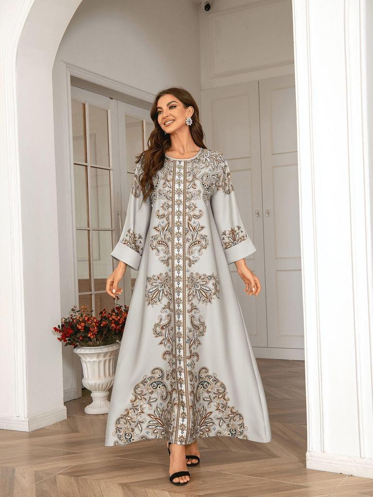 High-Density Beaded Print Muslim Abaya Dress