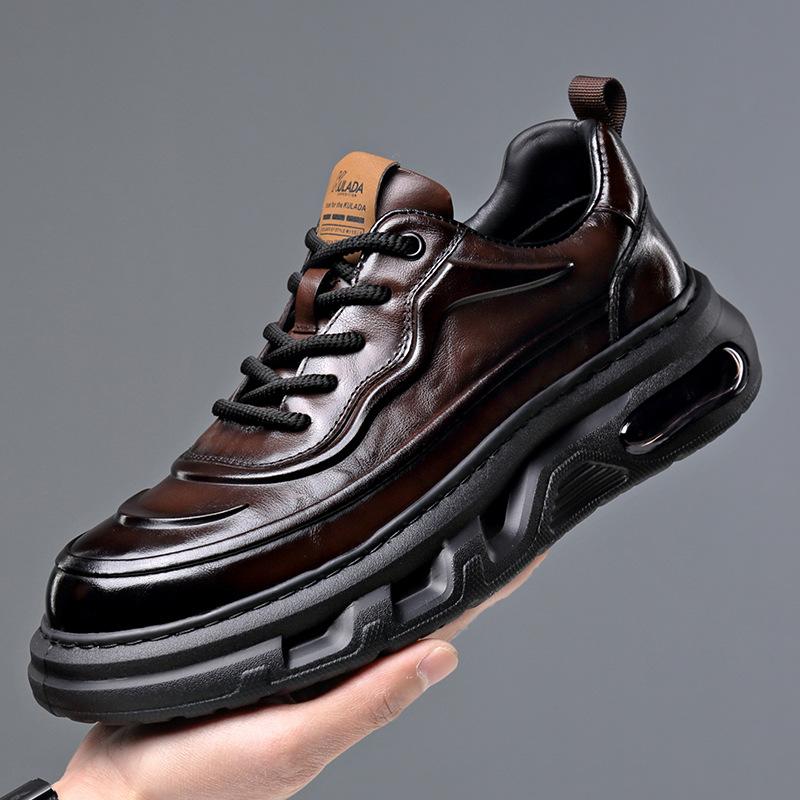 Autumn and winter cowhide men's casual leather shoes genuine leather new thick-soled air cushion bottom sports breathable soft-soled men's board shoes
