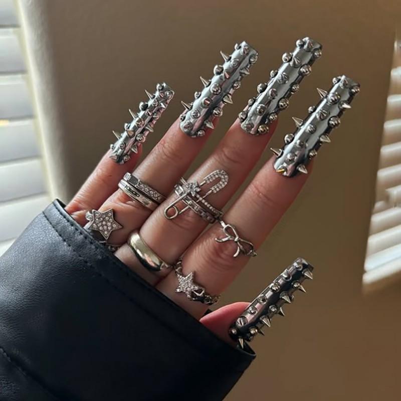 Cyberpunk Chrome Metallic Press-On Nails 24pcs Long False Women Ins Style Punk Gothic Glue-on Style