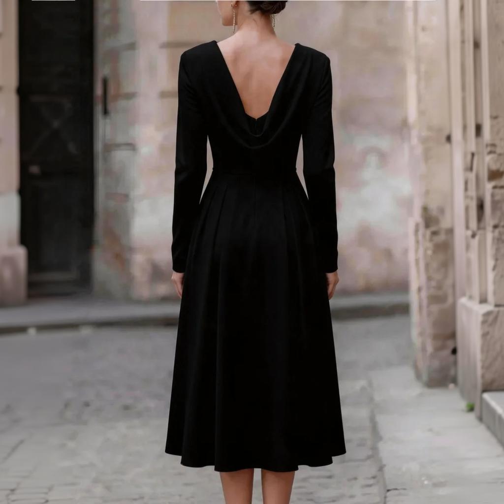 Damen Satin Langarm Midi Kleid mit Wasserfall-Ausschnitt und tailliertem Bund für Abendparty Formelle Anlässe