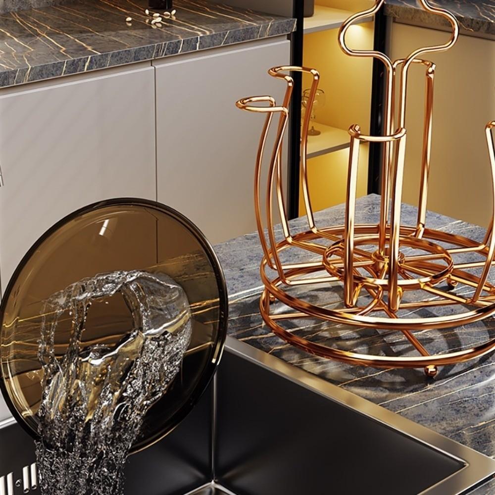 Gold Cup Holder with Water Drain Tray Large Capacity Glass Cup Storage Rack Mug&Cup Organizer Bar