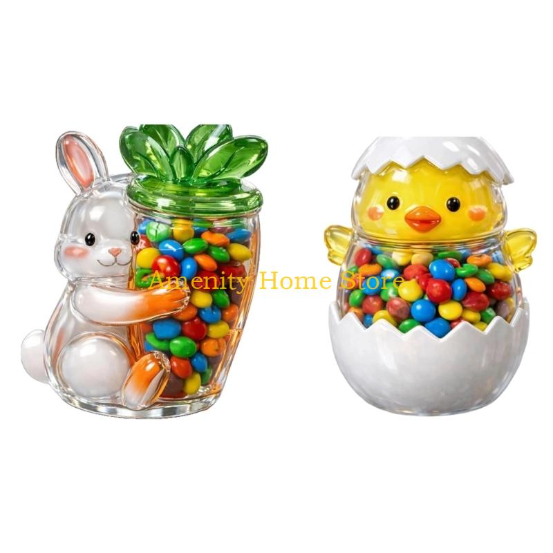 F26C Decorative Rabbit Chick Eggs Glass Clear Candy Jar With Lid For Easter Treats Cookie Chocolate And Dry Food Organization
