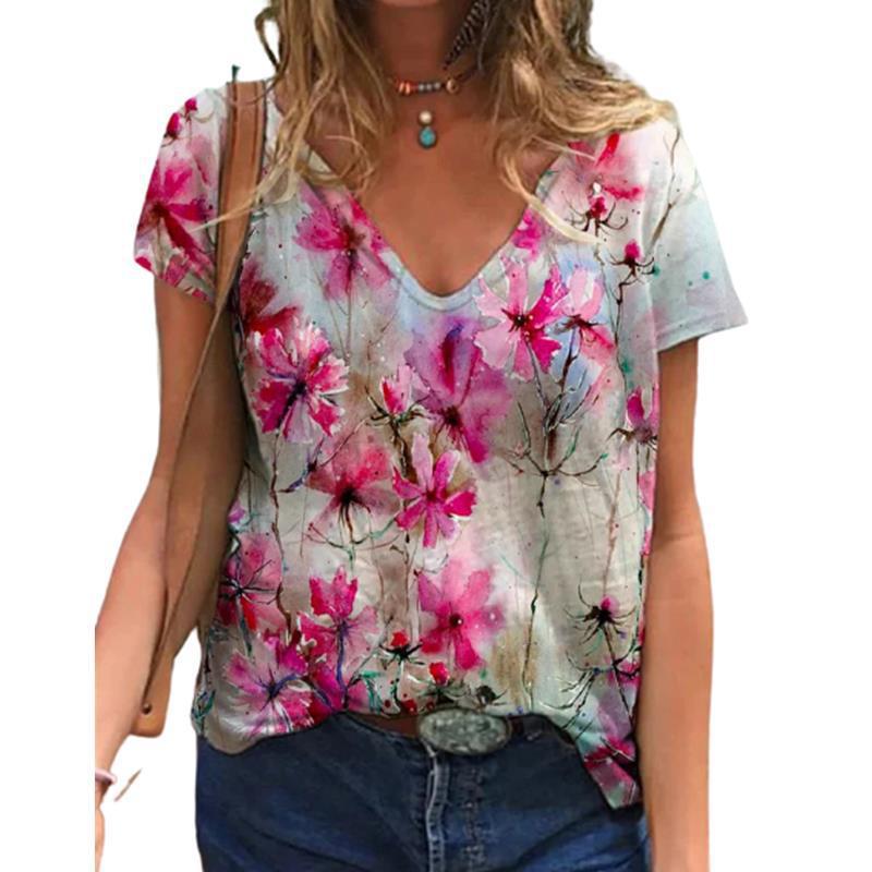 Summer Floral Printed T-shirt for Women Short Sleeved V-neck T-shirt