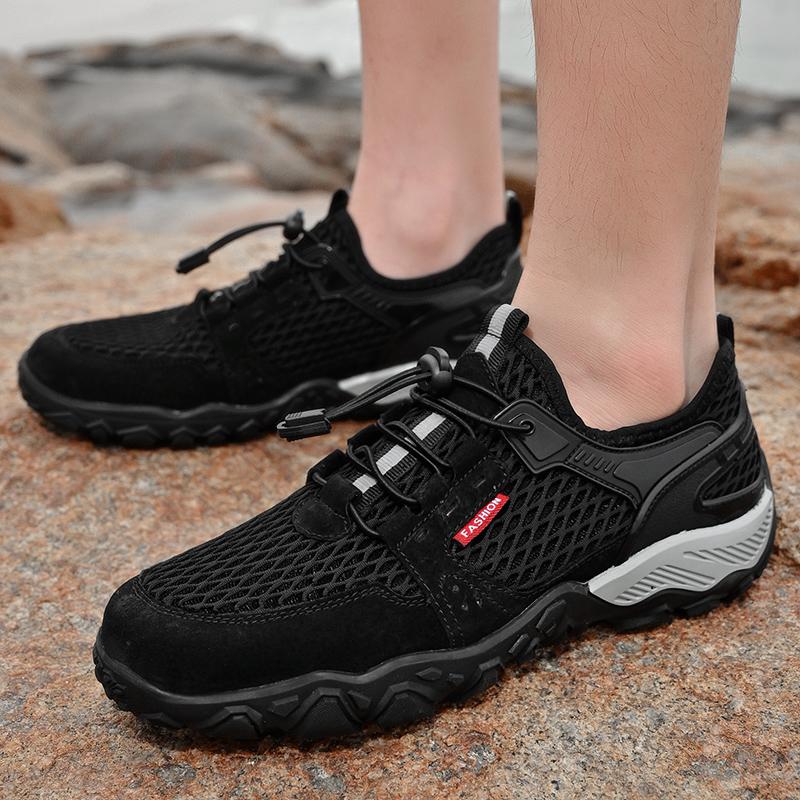 Men’s Outdoor Hiking Shoes Grey Driving Shoes Casual Slip on Summer Black Mesh Shoes Plus Size 45 46