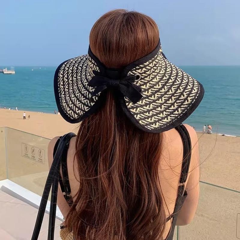 Big eaves foldable travel sunscreen empty top hat women's new summer visor anti-purple line straw hat