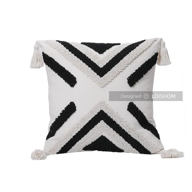 

Черно-белая марокканская стеганая наволочка с геометрическим узором и кисточками 45x45 см/30x50 см Подушка для украшения дома Диван
