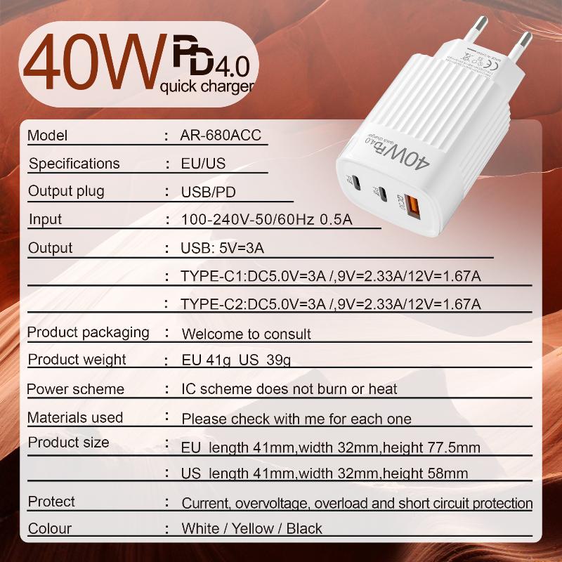 40W PD Type C Fast Charging Charger Quick Charge 3.0 Mobile Phone Power Wall Adapter EU US Plug For Huawei