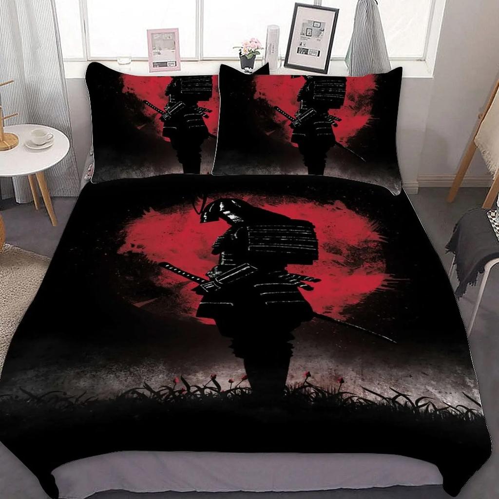 Japanisches Samurai Bettwäscheset, Japan Sonnenuntergang Landschaft Gebäudesilhouette Bettbezug für Männer Jugendliche, Schwarz Rot