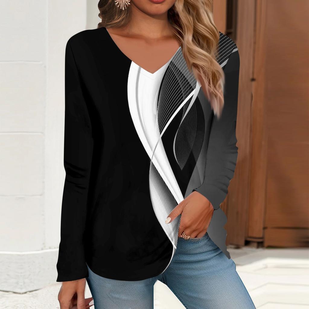 Women's T Shirt Tee Print Long Sleeve Daily Weekend Daily Basic V Neck Regular  Fall Winter Tops