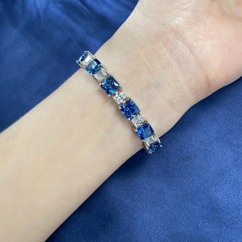 Luoxi Temple 2024 S925 Silver Blue Ice Flower Cut Simulated Diamond Bracelet