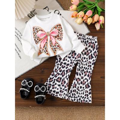 Autumn and Winter New Children's White Sweatshirt + Leopard Print Pants Baby Set