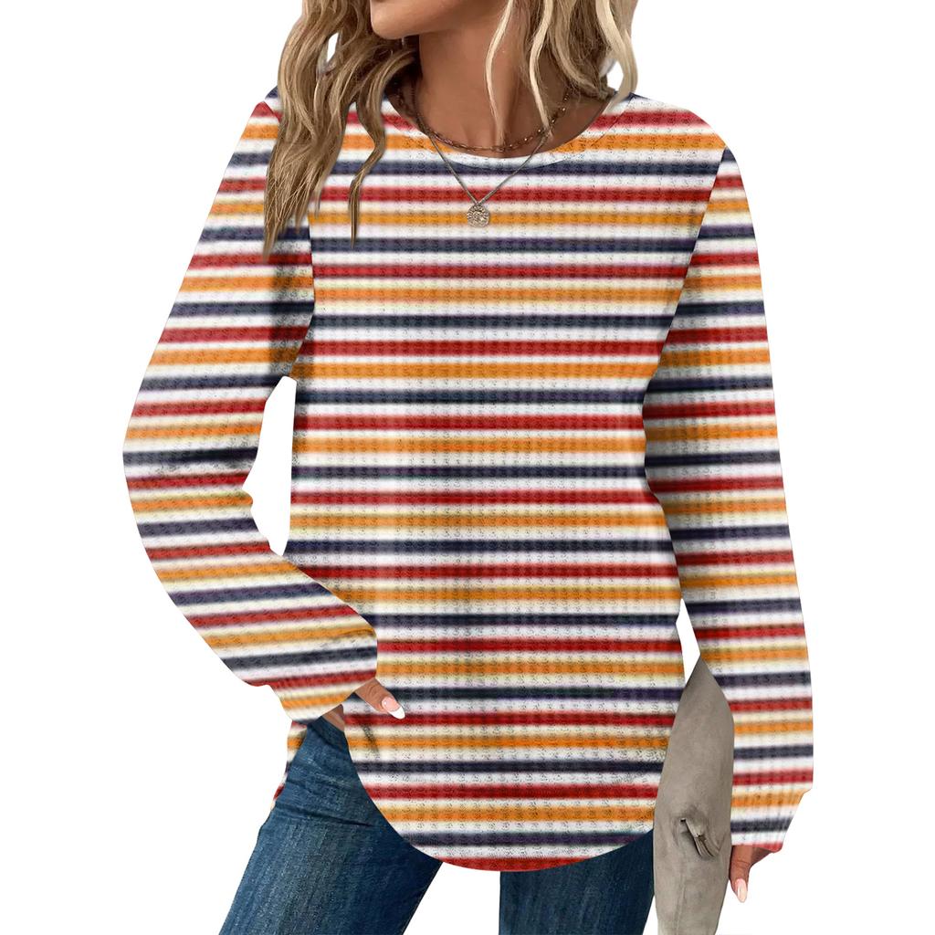 Damen Gestreiftes Druck Rundhals Langarm Locker Lässiges Oberteil