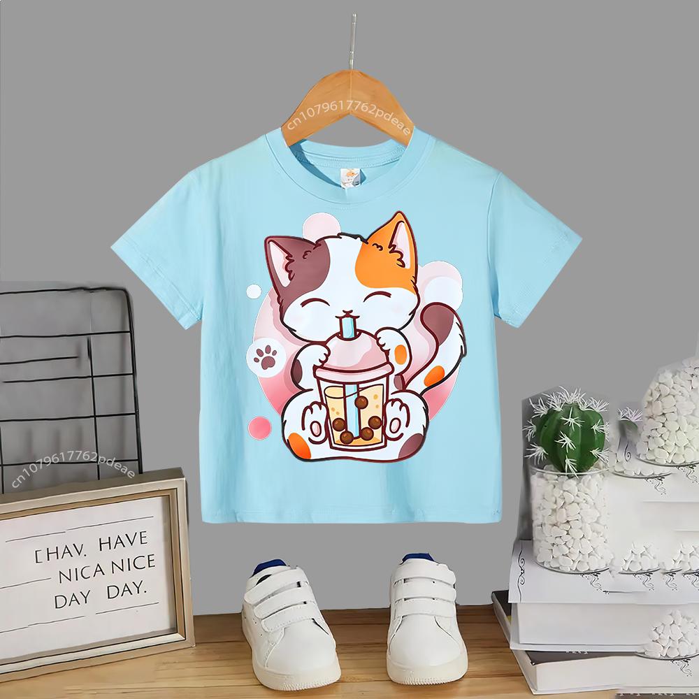 Kinder Sommer 100% Polyester T-Shirt Katze trinkt Milch kleines Mädchen Baumwoll-T-Shirt Jungen Mädchen Harajuku Top Baumwoll-T-Shirt Top