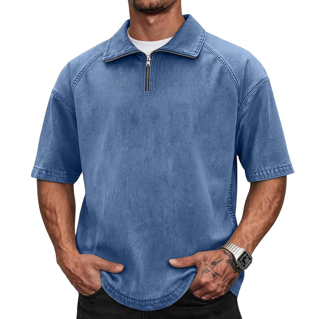 Men's Casual American Style Washed Cotton Vintage Short Sleeve Fitted Polo Shirt with Zip Collar Retro Trendy Design Comfortable Fit