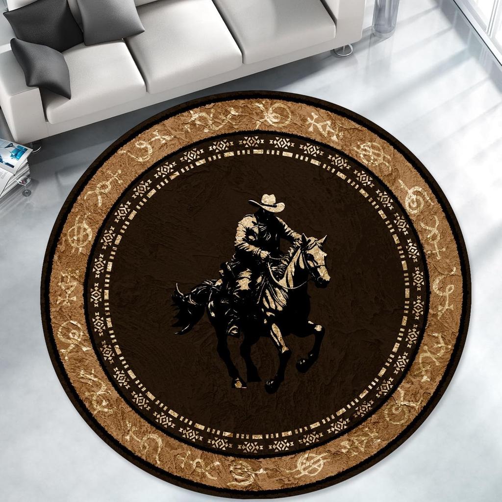Texas Star Area Rug Round Brown Western Country Rugs Retro Pentagonal Star Cowhide Carpet Non-Slip Western Rugs for Living Room