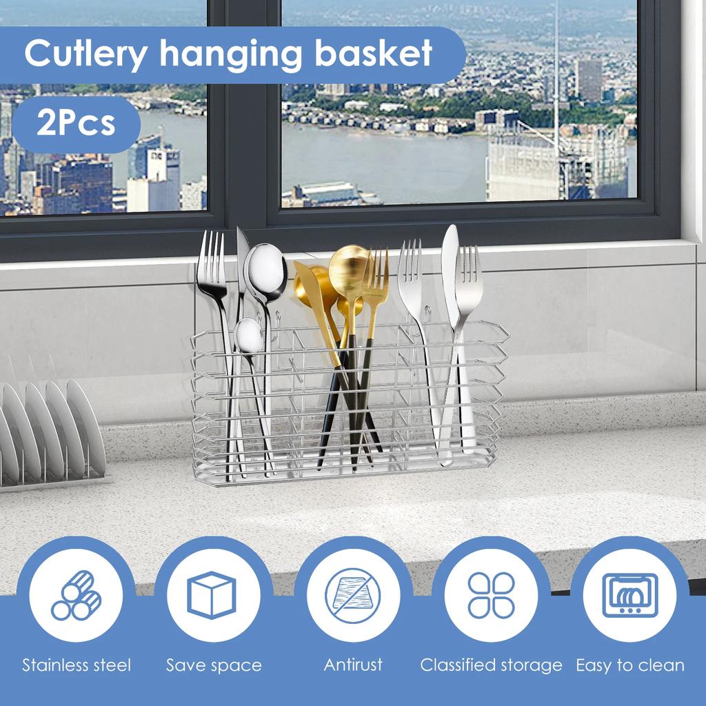 2Pcs Stainless Steel Kitchen Cutlery Hanging Basket Quick Drying Compartmental Utensil Drainage Rack Rustproof Kitchen Supplies
