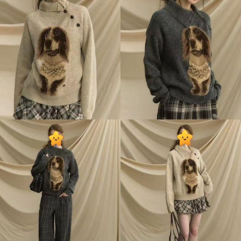 Lady Cute Dog Solid Color Sweater American Irregular Neck Knitted Sweaters Autumn Loose Versatile Woman Pullover Top