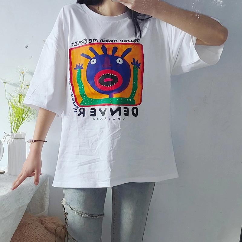 Graffiti cartoon printed cotton t-shirt women's short-sleeved American retro street couple loose half-sleeved top ins tide